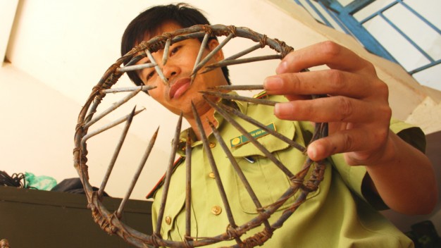 Anh Trần Văn Bình, hạt phó hạt kiểm lâm Vườn quốc gia Nam Cát Tiên, bên chiếc bẫy thép có thể cùm nát chân bò tót - Ảnh: Viễn Sự