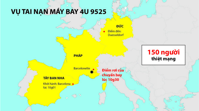 Vị trí máy bay A320 rơi tại Pháp - Đồ họa Việt Anh