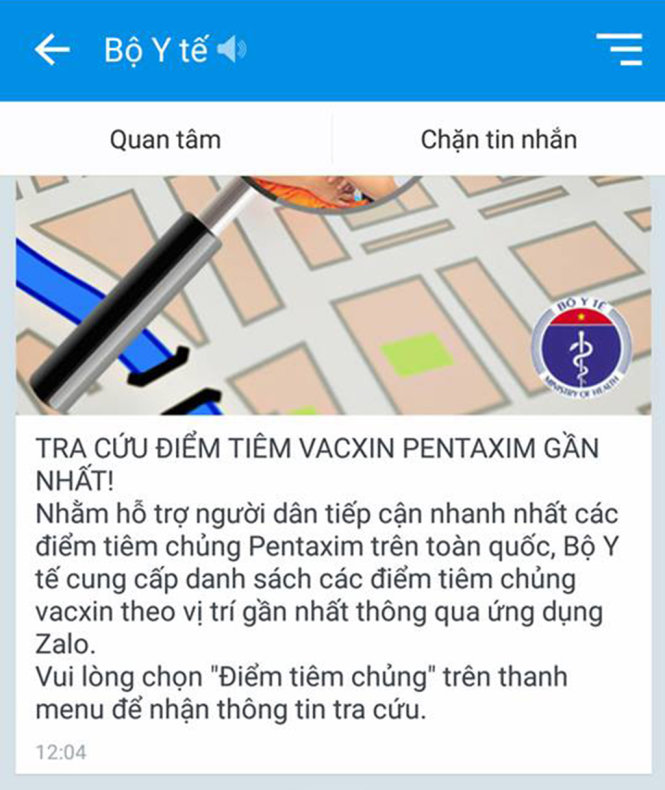 Chụp màn hình tin nhắn tra cứu tiêm vacxin thông qua mạng Zalo