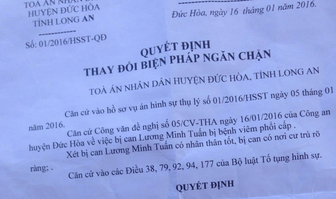 Quyết định thay đổi biện pháp ngăn chặn, cho phép Tuấn được gia đình bảo lãnh.
