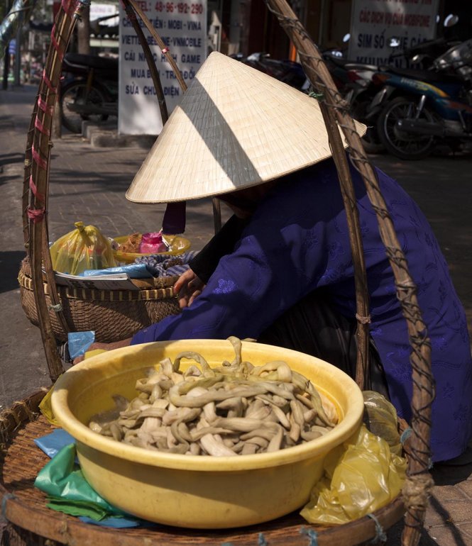 Bà cụ và thau dưa môn..( bà đang bán hàng cho khách)g