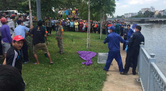 Các nhân viên công ty TNHH MTV Môi trường đô thị TP.HCM kéo thi thể lên bờ - Ảnh: Ngọc Khải