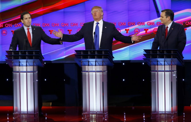 Cuộc tranh luận ở Houston trở thành màn khẩu chiến tay ba giữa Thượng nghị sĩ Marco Rubio, tỷ phú Donald Trump và Thượng nghị sĩ Ted Cruz (từ trái sang) - Ảnh: Reuters
