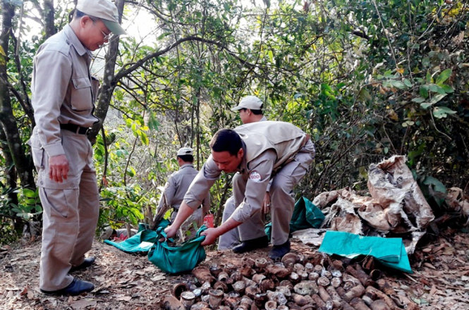 Hơn một ngàn quả đạn pháo các loại được đội rà phá bom mìn thu giữ ngay tại khu tập kết rác thải sinh hoạt vào sáng 15-3 - Ảnh: Quốc Nam