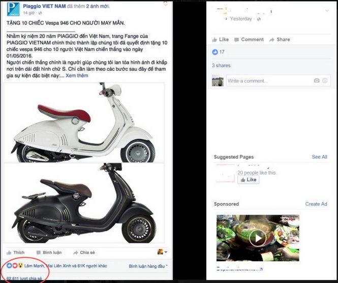 Thông tin chia sẻ chương trình trúng thưởng xe Piaggio từ trang Fanpage Piaggio Vietnam giả mạo có số lượt like và share (chia sẻ) rất lớn - Ảnh chụp giao diện màn hình
