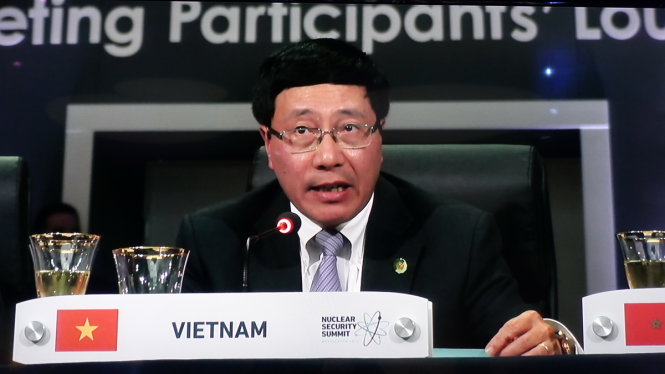 Phó Thủ tướng Phạm Bình Minh phát biểu tại Hội nghị Thượng đỉnh về An ninh hạt nhân lần 4 tại Washington ngày 1-4. Ảnh: Bộ Ngoại giao VN