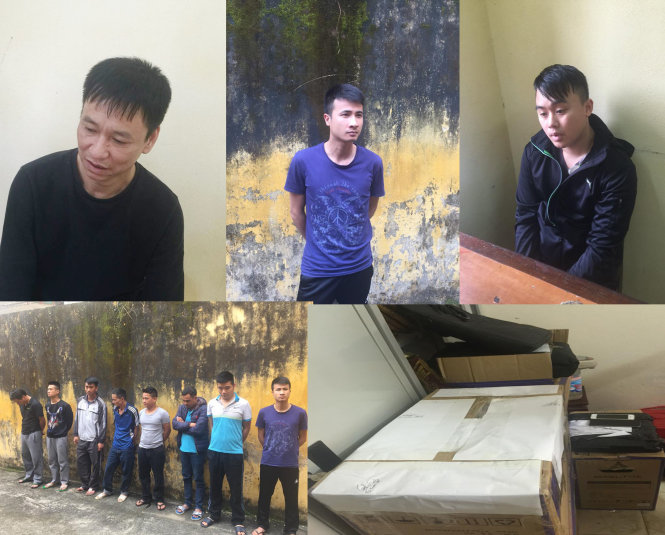 Các đối tượng trong đường dây đánh bạc và số tang vật Công an TP Thanh Hóa vừa thu giữ - Ảnh Công an tỉnh Thanh Hóa cung cấp.