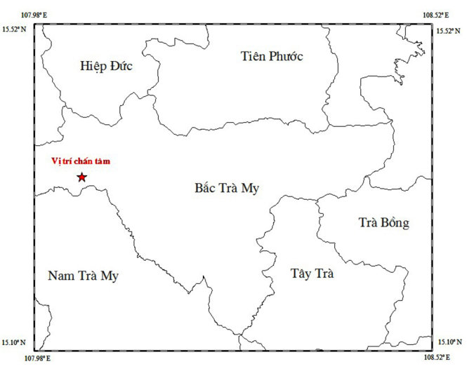 Bản đồ tâm chấn trận động đất mạnh 3 độ richter tại khu vực thủy điện Sông Tranh 2 chiều 13-4