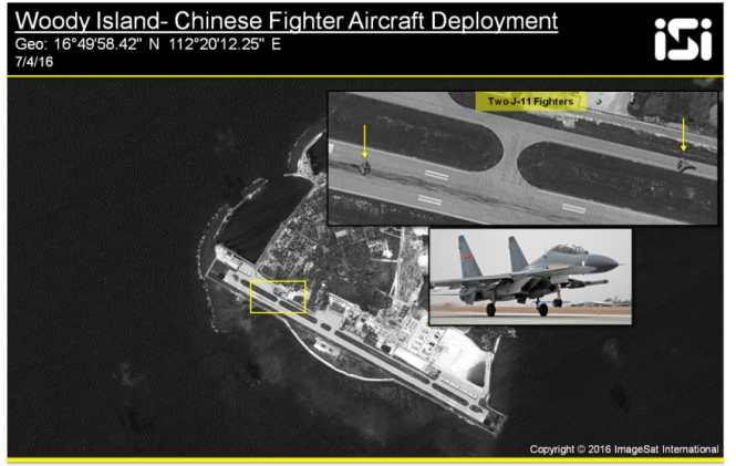 Ảnh vệ tinh cho thấy 2 chiếc J-11 trên đảo Phú Lâm của Việt Nam mà Trung Quốc chiếm đóng trái phép - Ảnh: ISI