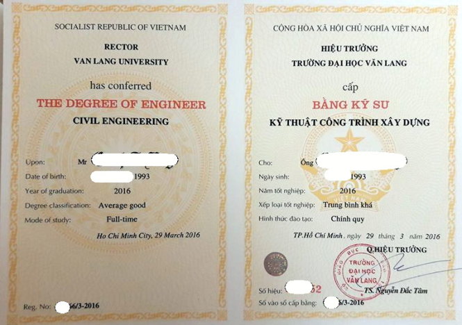 Bằng tốt nghiệp ĐH cấp cho sinh viên Trường ĐH Văn Lang do ông Nguyễn Đắc Tâm ký. Ảnh: T.H