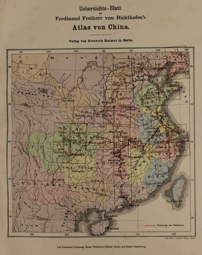 Bản đồ tổng thể Trung Quốc in ở đầu tập I bộ “Atlas von China” chỉ vẽ lãnh thổ Trung Quốc đến đảo Hải Nam - Ảnh: T.Đ.A.S.