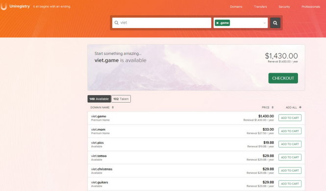 Thử tìm tên miền viet.game có phí đăng ký 1.430 USD/năm