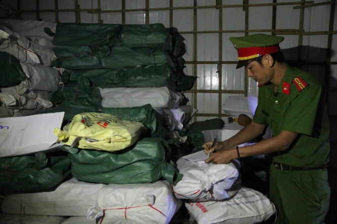 Cơ quan chức năng Quảng Trị niêm phong lô cá nục 25 tấn bị nhiễm phenol chiều 11-6 - Ảnh: QUỐC NAM