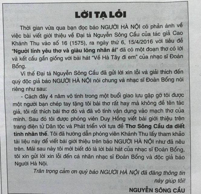 Nhà thơ Nguyễn Sông Cầu công khai xin lỗi nhạc sĩ Đoàn Bổng - Ảnh: V.V.TUÂN chụp lại