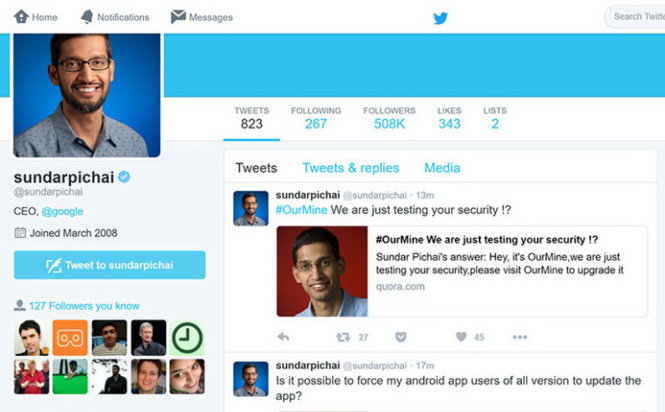 Trang cá nhân của CEO Google Sundar Pichai trên mạng xã hội Twitter đăng tin nhắn