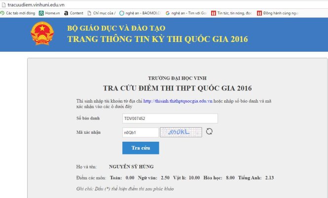 Bảng điểm kết quả các môn thi của Hùng - Ảnh: D.HÒA chụp màn hình