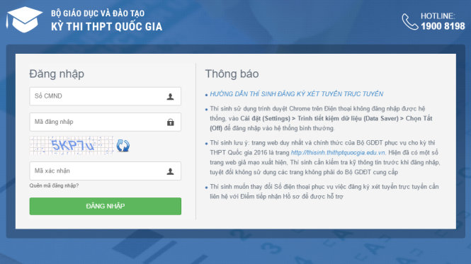 Giao diện trang http://thisinh.thithptquocgia.edu.vn/Account/Login?ReturnUrl=%2f - Ảnh chụp màn hình