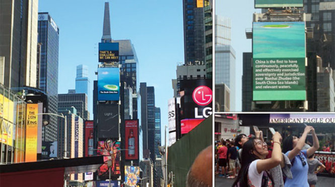 Tờ China Daily của Trung Quốc khoe hình ảnh chiếu video clip tại New York trong khi các du học sinh Trung Quốc chụp lại clip này