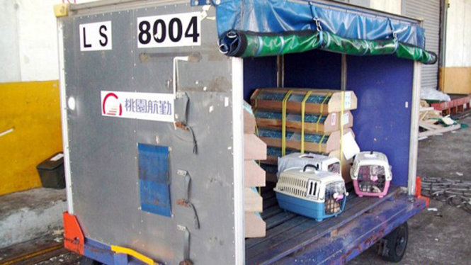 Một toa công-te-nơ được dùng để vận chuyển các con vật sống tại sân bay quốc tế Taoyuan - Ảnh: Taipei Times