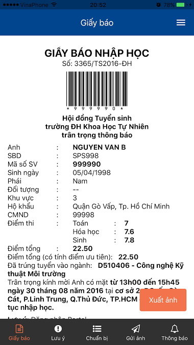Giấy báo nhập học trên app điện thoại - Ảnh: chụp màn hình điện thoại