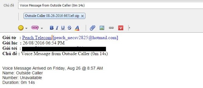 Email phát tán đính kèm mã độc. - Nguồn: Bkav