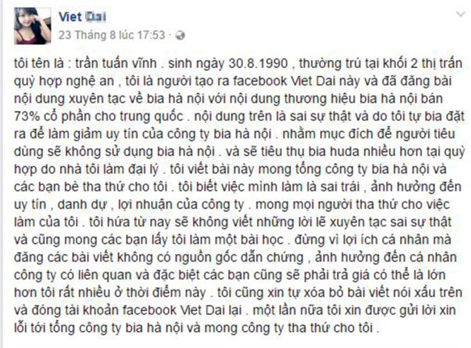 Vĩnh chia sẻ lời xin lỗi về việc thông tin mình đưa sai sự thật trên mạng xã hội Facebook