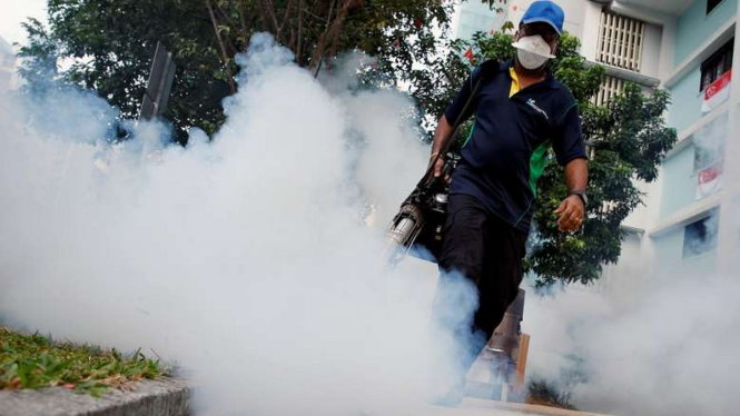 Công nhân phun thuốc diệt muỗi đề phòng Zika lây lan ở Singapore hôm 1-9-2016 - Ảnh: REUTERS