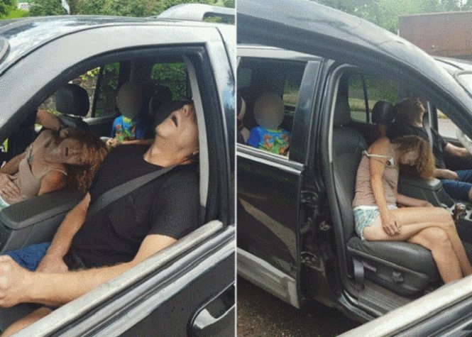 Cảnh sát Ohio đăng tải ảnh bà Pasek và bạn trai ngất vì dùng ma túy quá liều còn cậu cháu trai ngồi ngơ ngác ở băng ghế sau - Ảnh: City Of East Liverpool