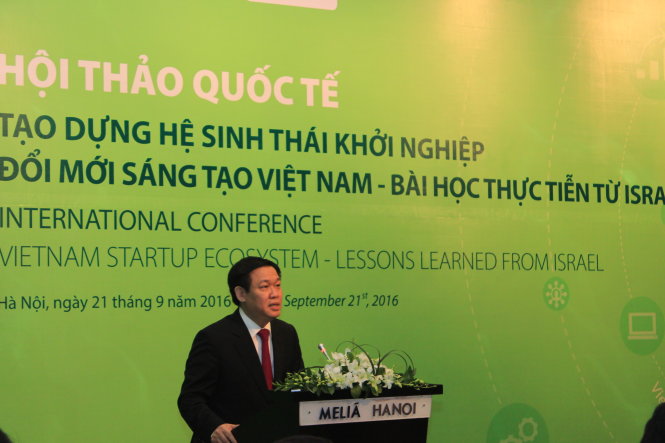 Phó thủ tướng Vương Đình Huệ phát biểu khai mạc Hội thảo quốc tế “Tạo dựng Hệ sinh thái khởi nghiệp đổi mới sáng tạo Việt Nam - Bài học thực tiễn từ Israel” sáng 21-9 - Ảnh: Thanh Hà