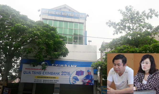 Phòng giao dịch Đô Lương - ngân hàng Eximbank chi nhánh Nghệ An - Ảnh: DOÃN HÒA. Ảnh nhỏ: Hai nghi phạm Nguyễn Thị Lam và Đặng Đình Hồng tại cơ quan điều tra - Ảnh: Công an cung cấp
