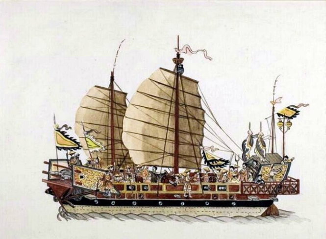 Thuyền chiến thời Nguyễn. Tranh vẽ của Nguyễn Thứ, họa sĩ cung đình thời Nguyễn
