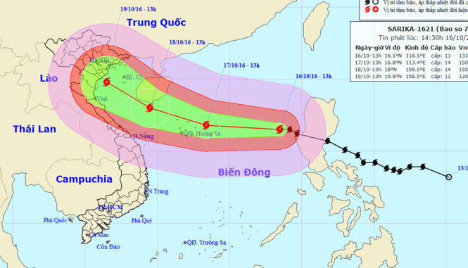 Sơ đồ đường đi của bão Sarika - bão số 7 - Ảnh: Trung tâm khí tượng thủy văn trung ương