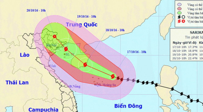 Sơ đồ dự báo hướng đi bão số 7 do TT Dự báo khí tượng thủy văn TƯ phát lúc 11g sáng 17-10