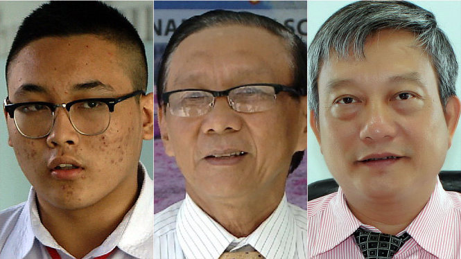 Từ trái qua: Học sinh NGUYỄN HỮU NGHĨA (Ảnh: THẾ KIỆT), Thầy TRỊNH QUANG TRINH (Ảnh: THẾ KIỆT), Ông TRẦN THANH HẢI (Ảnh: N.T.).