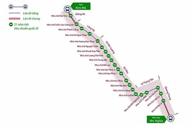 Sơ đồ lộ trình tuyến BRT đầu tiên của Hà Nội