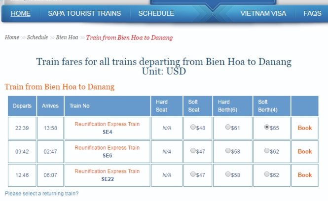 Một website rao bán vé tàu từ Biên Hòa đến Đà Nẵng cao hơn giá vé mà ngành đường sắt mở bán - Ảnh Đức Phú.