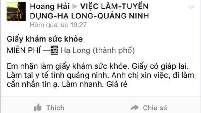Thông tin Nguyễn Văn Tuấn rao bán giấy khám sức khỏe trên mạng xã hội - Ảnh: Cơ quan chức năng cung cấp