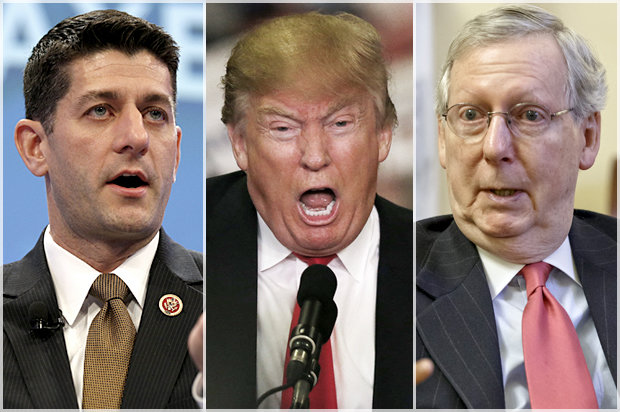 Từ trái qua: Chủ tịch Hạ viện Paul Ryan, tổng thống đắc cử Donald Trump và lãnh đạo phe đa số Thượng viện Mitch McConnell - Ảnh: AP