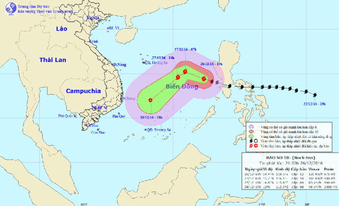 Hồi 19 giờ ngày 26-12, vị trí tâm bão cách quần đảo Hoàng Sa khoảng 740 km về phía Đông Đông Nam. Sức gió mạnh nhất ở vùng gần tâm bão mạnh cấp 12 (120-135km/giờ), giật cấp 14-15.