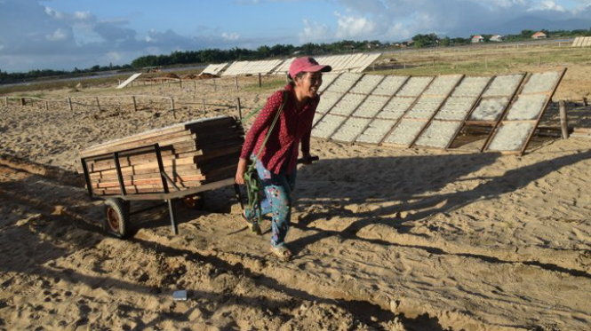 Bãi phơi bún khô, bánh tráng bên sông Côn của làng An Thái lúc cuối ngày - Ảnh: Trường Đăng