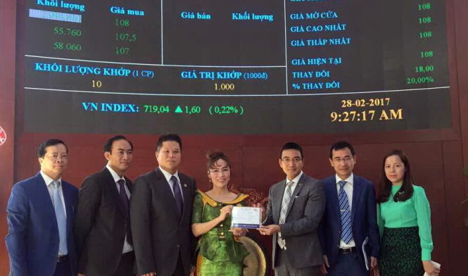 Bà Nguyễn Thị Phương Thảo - CEO của Vietjet Air (thứ tư từ trái sang) nhận quyết định niêm yết trên sàn HOSE ngày 28-2. Ảnh: Trần Mạnh