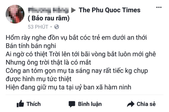 Thông tin một phụ nữ bị tạm giữ do bắt cóc đăng trên Facebook sáng 14-4 - Ảnh chụp màn hình.