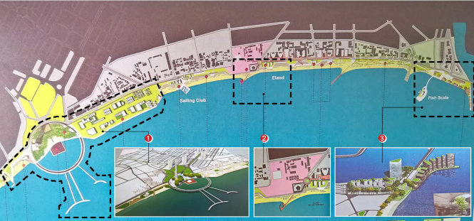 Sơ đồ trung tâm đường Trần Phú, Nha Trang: Phối cảnh khu lấn biển ở khu vực công viên Phù Đổng - Ana Mandara, Khu quảng trường 2-4 lấn ra hướng biển, Phối cảnh khu lấn biển ở đầu cầu Trần Phú - Nguồn: Trích đồ án điều chỉnh quy hoạch, Viện Quy hoạch đô thị - nông thôn quốc gia - Ảnh: Nhật Nam