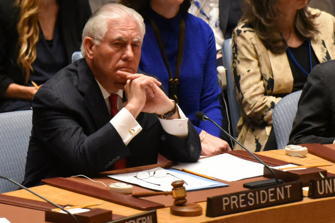 Ngoại trưởng Mỹ Rex Tillerson tại cuộc họp của Hội đồng Bảo an LHQ bàn về vấn đề Triều Tiên tại trụ sở LHQ ở New York, Mỹ ngày 28-4 - Ảnh: Reuters