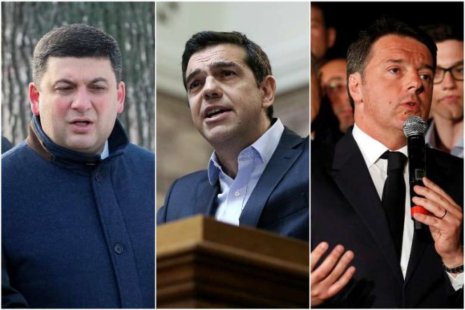 Từ trái sang: Thủ tướng Ukraine Volodymyr Groysman, Thủ tướng Hi Lạp Alexis Tsipras và cựu thủ tướng Ý Minister Matteo Renzi - Ảnh: REUTERS, EPA