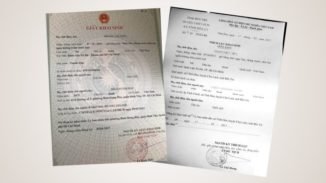 Hai giấy khai sinh của cháu bé do cha và bà ngoại đăng ký với hai tên khác nhau - Ảnh: Uyên Trinh
