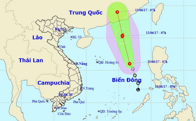 Vị trí và hướng di chuyển của áp thấp nhiệt đới lúc 7g ngày 11-6 - Nguồn: Trung tâm Khí tượng thủy văn Trung ương