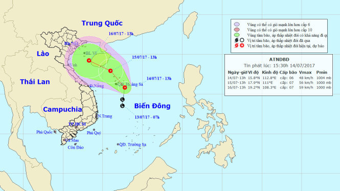 Vị trí và hướng di chuyển của áp thấp nhiệt đới - Nguồn: Trung tâm Khí tượng thủy văn Trung ương