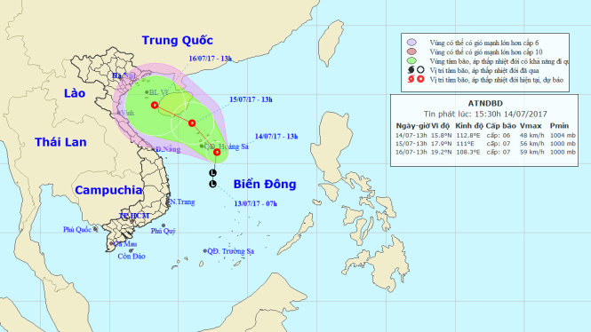 Vị trí và hướng di chuyển của áp thấp nhiệt đới - Nguồn: Trung tâm Khí tượng thủy văn Trung ương