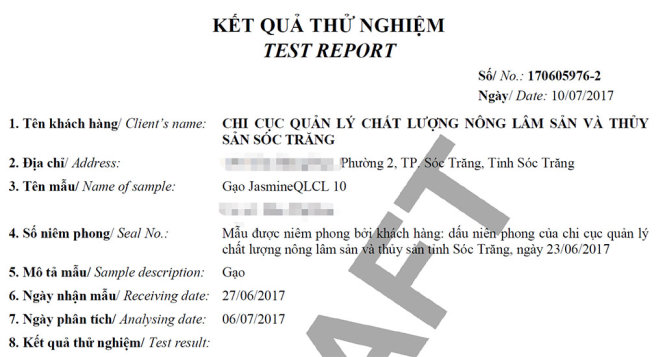 Một trong hai mẫu gạo mà Chi cục Quản lý chất lượng nông lâm sản và thủy sản Sóc Trăng gửi thử nghiệm